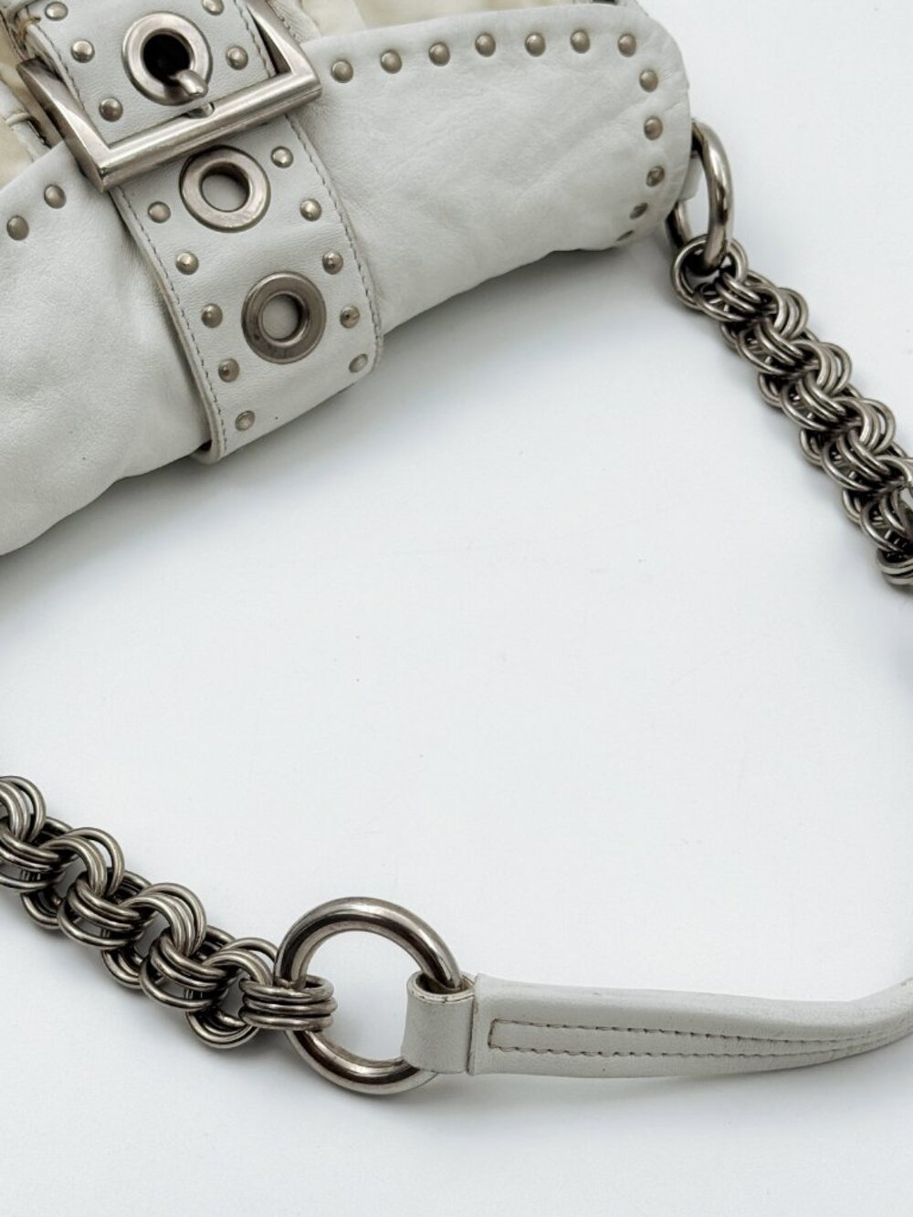 Prada White Leather Studded Chain Shoulder Bag Vintage Y2K Buckle Flap - Picture 9 of 12
